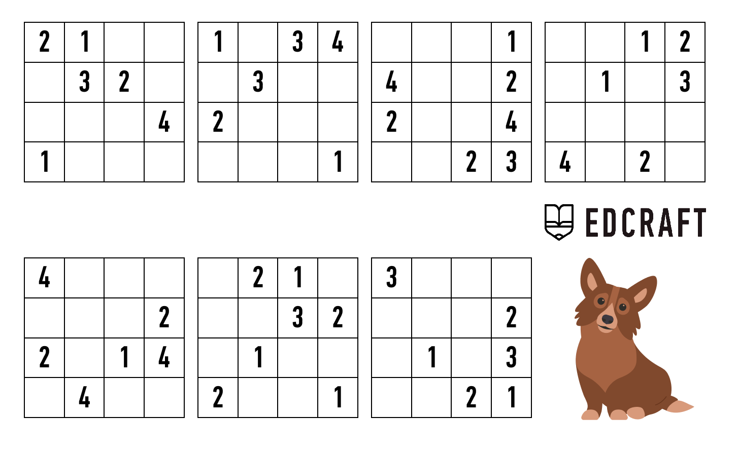 Two 4x4 sudoku for kids to print: Level Beginner, No. 1 and No. 2.